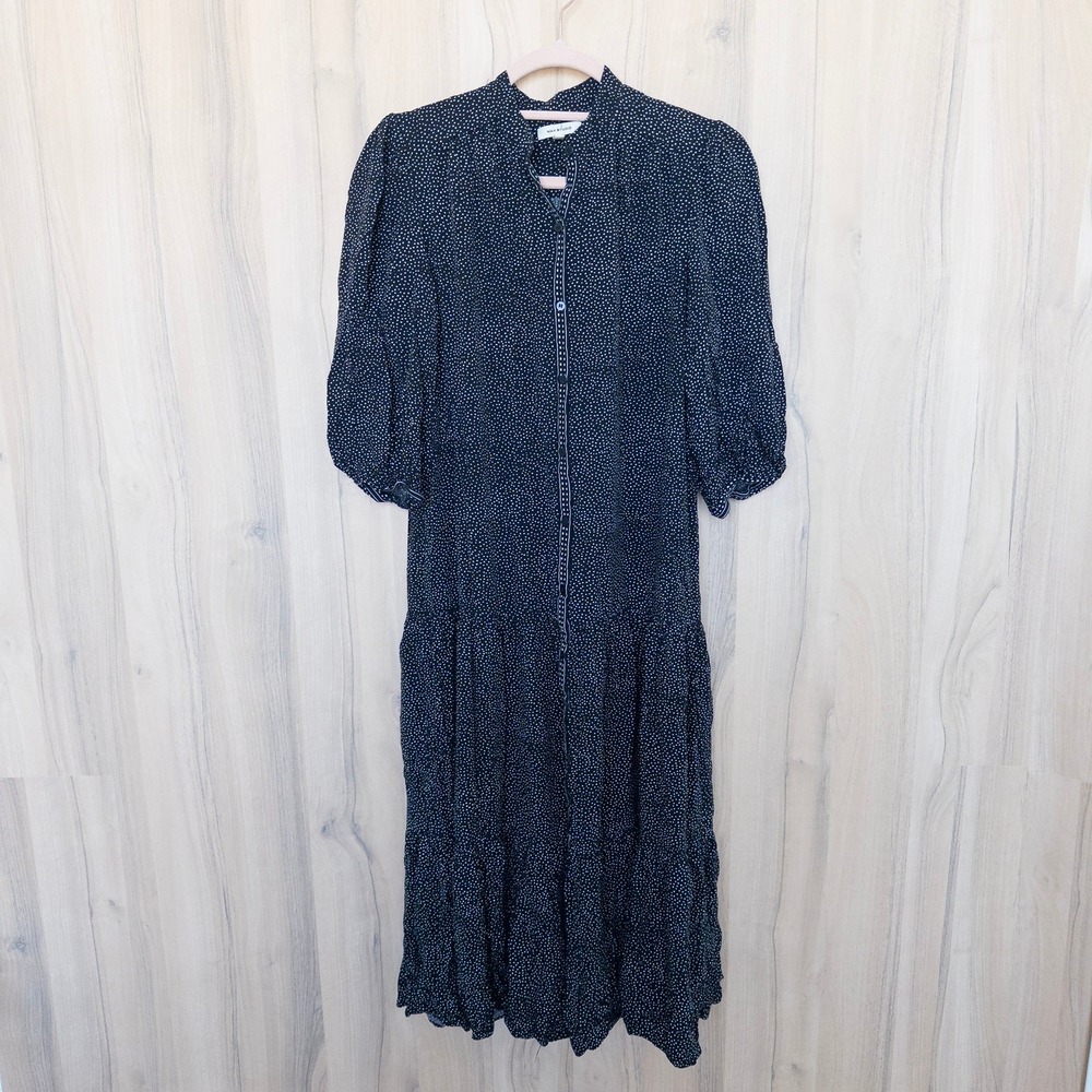 Max Studio Polka Dot Dress XS Black Button Front Tiered Midi Puff Sleeve Cottage